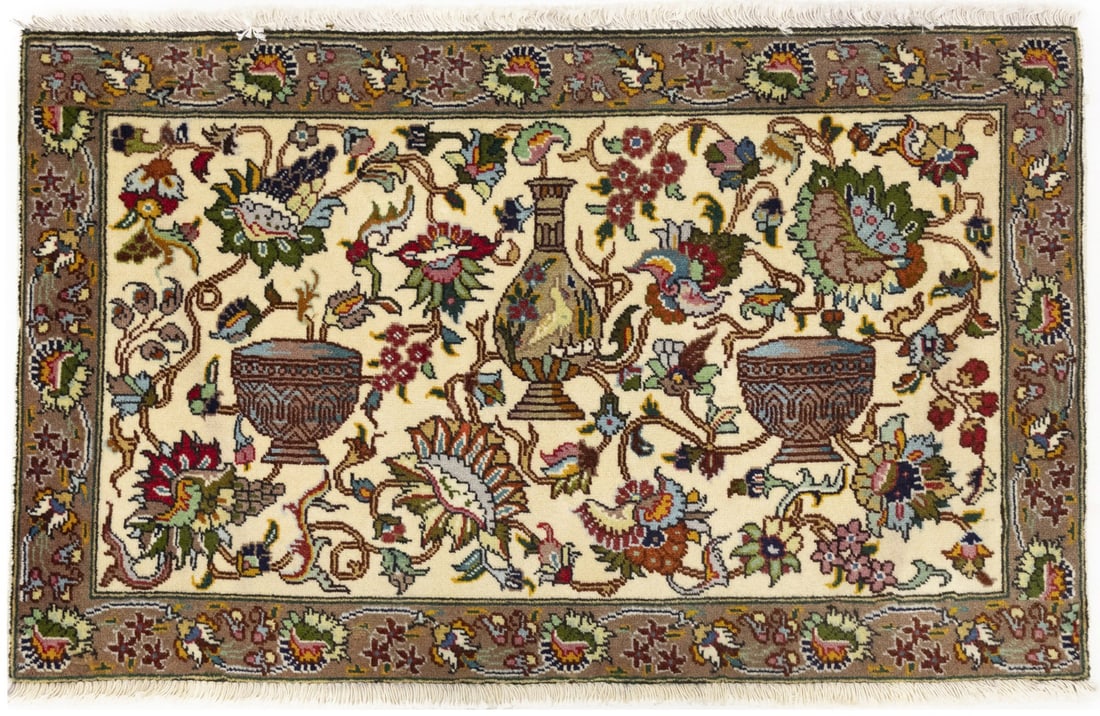 Hand-Knotted Wool Oriental Rug with Cream Floral Pattern 1'9 x 2'11 Vintage: Hand-Knotted Wool Oriental Rug with Cream Floral Pattern 1'9 x 2'11 Vintage This one-of-a-kind vintage oriental rug features a traditional floral design in a cream color palette with tan, blue, green,