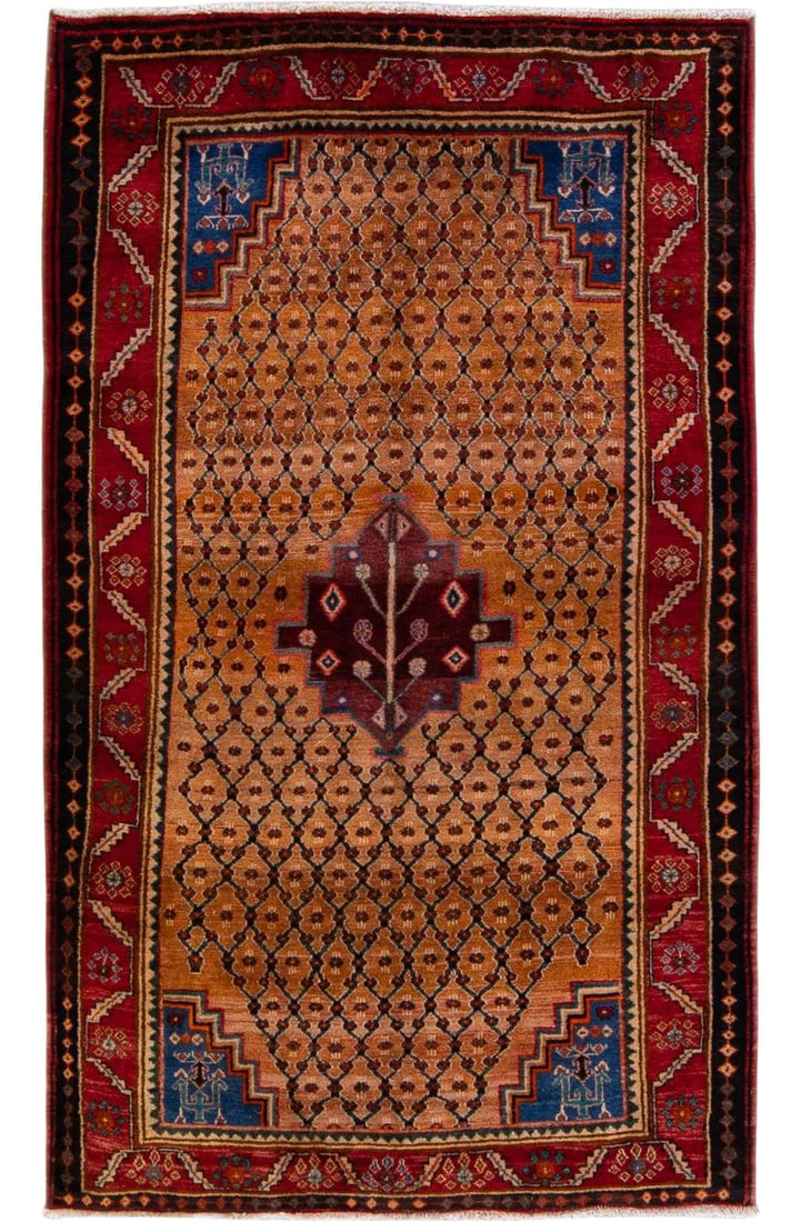 Vintage Hamadan Geometric Wool Rug Brown Handmade 5' x 8'5: Vintage Hamadan Geometric Wool Rug Brown Handmade 5' x 8'5 Enhance your space with this beautiful Vintage Hamadan hand-knotted wool rug. Featuring a rich brown field complemented by a striking red fra