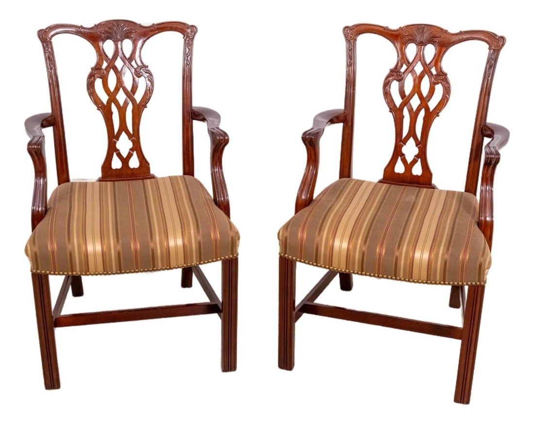 John Widdicomb Mahogany Chippendale Style Armchairs Pair: John Widdicomb Mahogany Chippendale Style Armchairs Pair This exquisite pair of armchairs showcases the timeless elegance of Chippendale design, crafted from high-quality mahogany with fine carved det