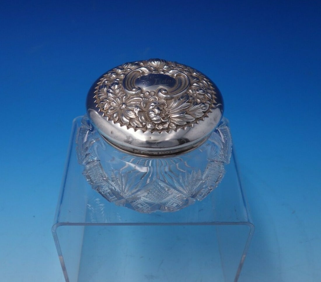 Gorham Cluny Sterling Silver Powder Jar with Cut Crystal (1 of 8)