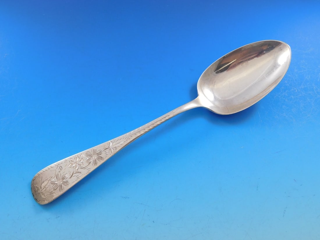 Vintage Brite-Cut Sterling Silver Serving Spoon 8 1/4 Inches Monogrammed: Vintage Brite-Cut Sterling Silver Serving Spoon 8 1/4 Inches Monogrammed This vintage serving spoon features a classic Brite-Cut design crafted from high-quality sterling silver. Measuring 8 1/4 inche