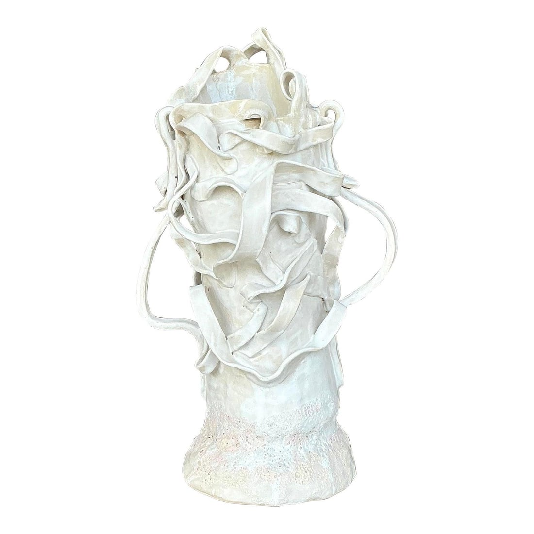 Vintage Boho Studio Pottery Ribbon Vase Off-White 13.75" Tall: Vintage Boho Studio Pottery Ribbon Vase Off-White 13.75" Tall Discover the unique artistry of this vintage studio pottery vase, a true masterpiece that showcases the beauty of handcrafted design. With