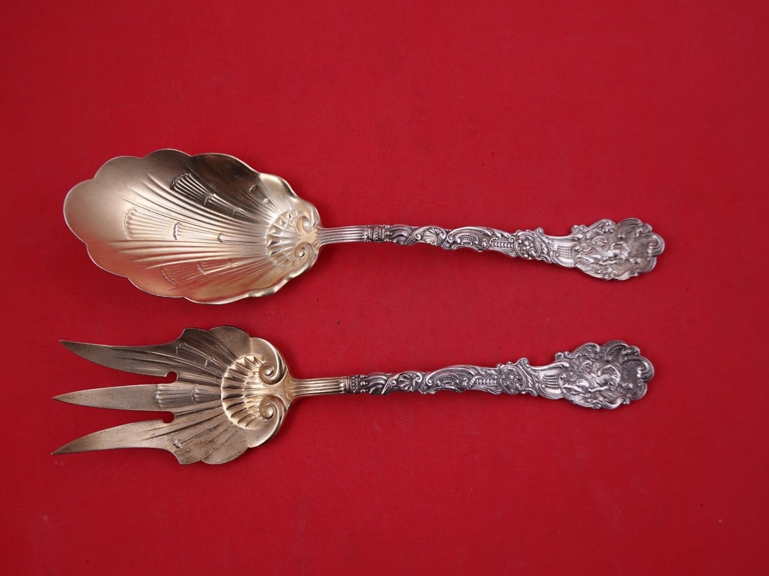 Gorham Versailles Sterling Silver Salad Serving Set Gold Washed Shell Bowl 8 3/4" (1 of 2)