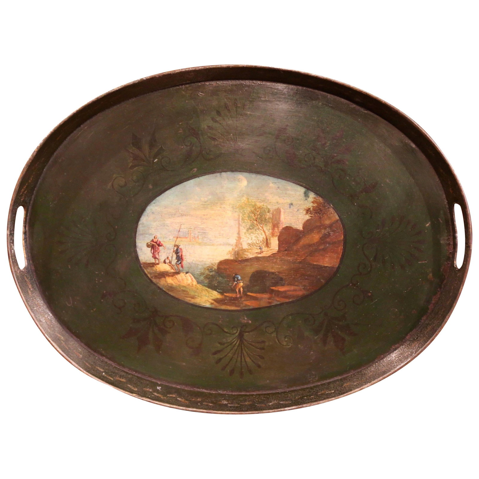 French Napoleon III Oval Tole Tray Hand Painted Coastal Medallion: French Napoleon III Oval Tole Tray Hand Painted Coastal Medallion This late 19th-century French Napoleon III tole tray is an elegant example of period decorative artistry. Crafted in France around 187