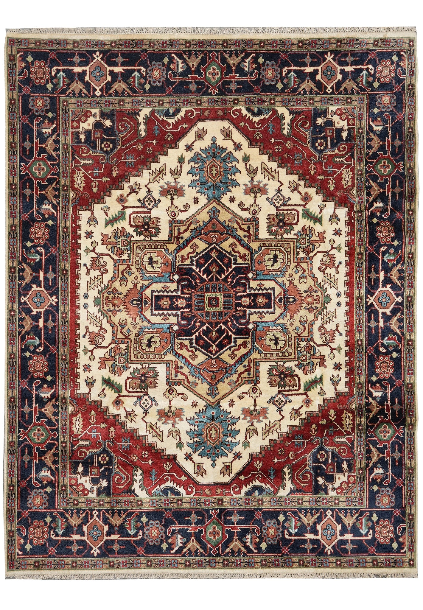 8 x 10 Handmade Heriz Serapi Wool Rug Geometric Medallion Design: 8 x 10 Handmade Heriz Serapi Wool Rug Geometric Medallion Design Free continental US Shipping This 8 x 10 foot handmade Heriz Serapi rug showcases Persian-inspired artistry, featuring bold geometric m