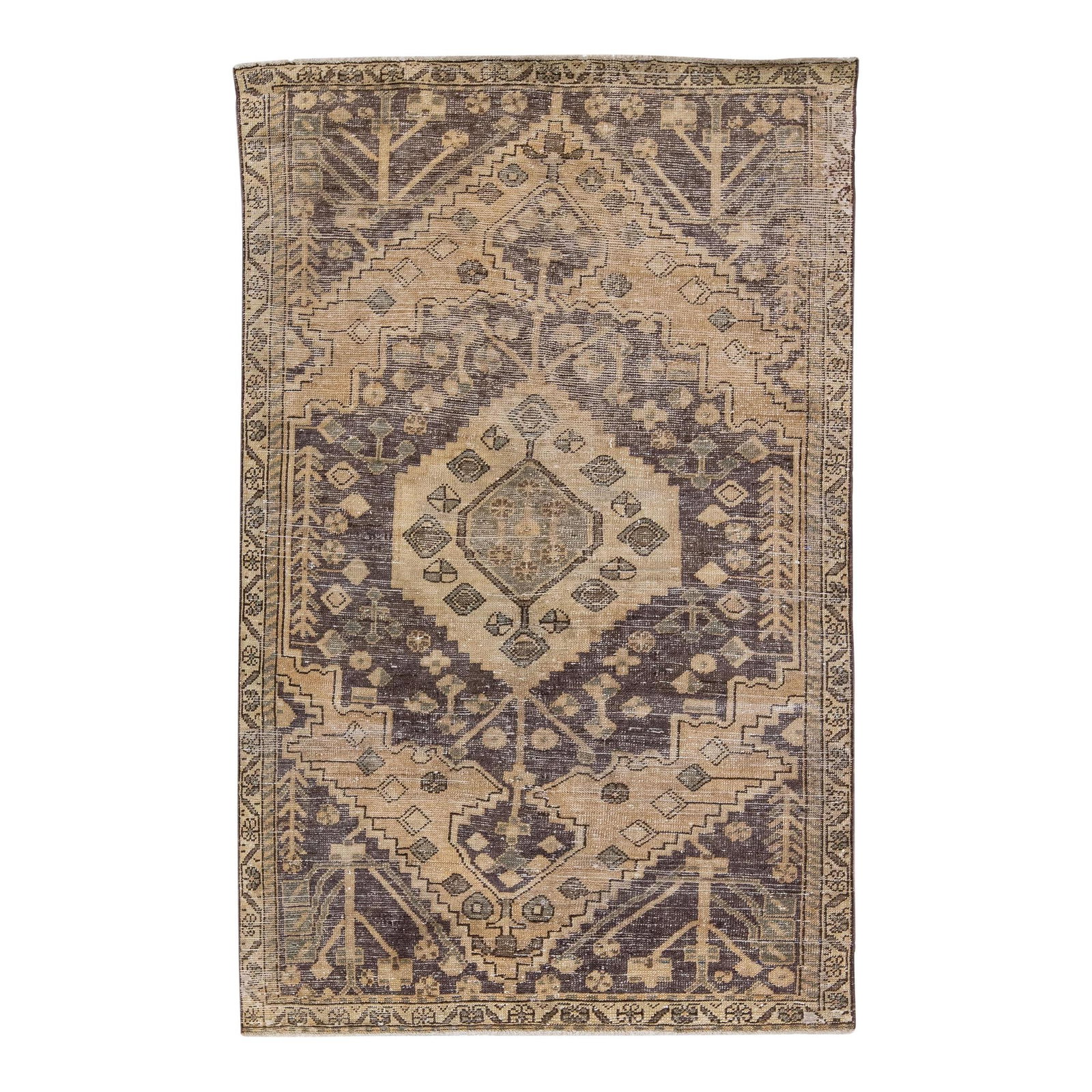 Vintage Persian Handmade Wool Rug Beige Medallion Design 3'10 x 6'3: Vintage Persian Handmade Wool Rug Beige Medallion Design 3'10 x 6'3 Enhance your space with this beautiful vintage Persian hand-knotted wool rug featuring a distressed look. The elegant beige color fi