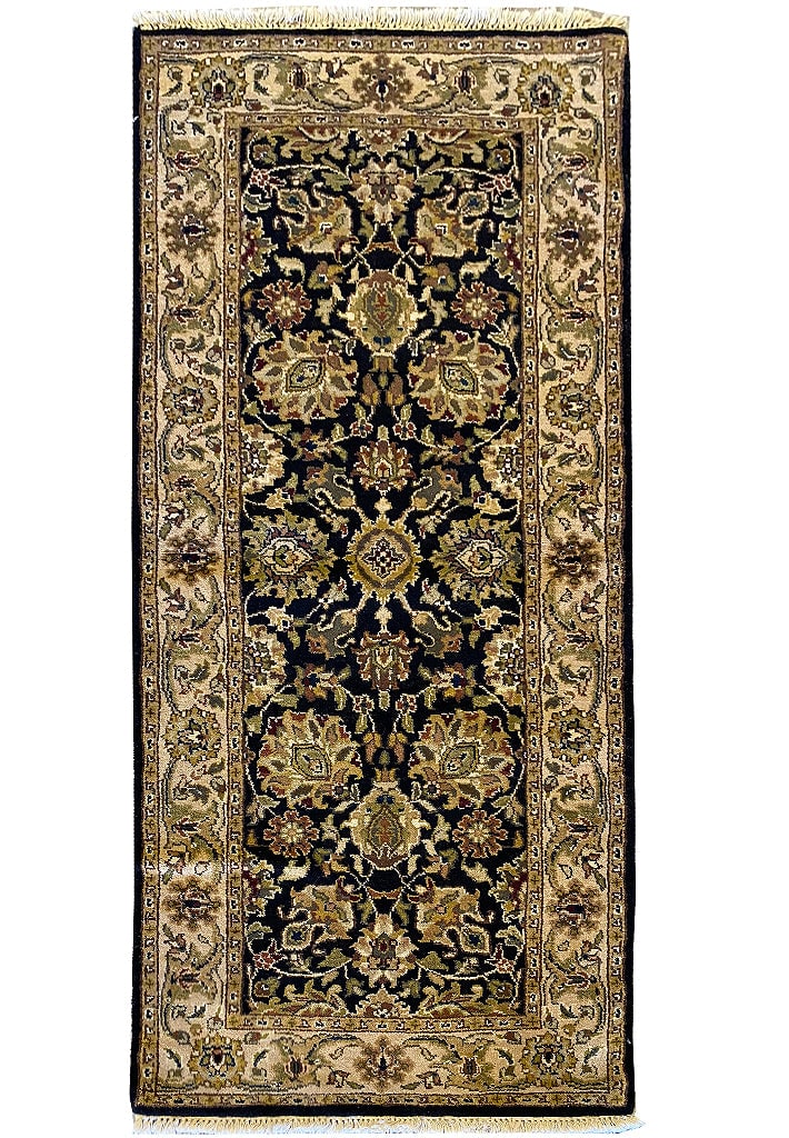 Handmade 2'8" x 6' Black Indian Runner Rug in Wool: Handmade 2'8" x 6' Black Indian Runner Rug in Wool Free continental US Shipping Enhance your living space with this stunning 2.8 x 6 Black Indian Style Hand-knotted Runner Rug. This handmade masterpie