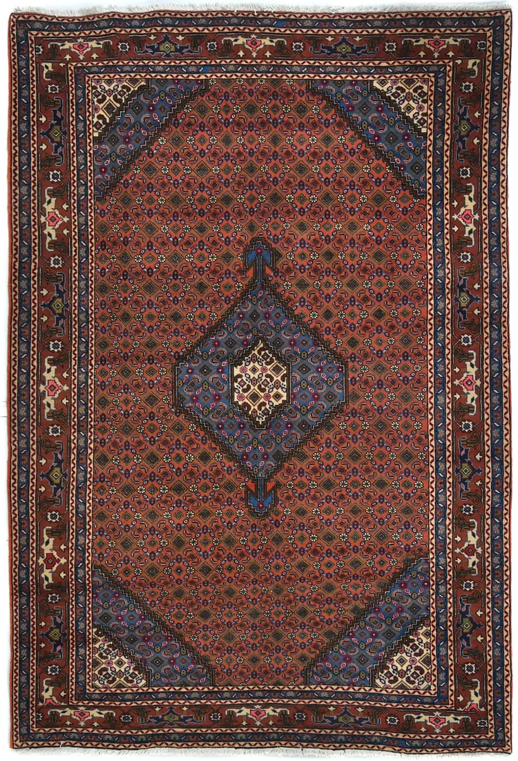 Vintage Hand-Knotted 6'8 x 9'6 Oriental Rug Geometric Design Wool Carpet: Vintage Hand-Knotted 6'8 x 9'6 Oriental Rug Geometric Design Wool Carpet This vintage hand-knotted Oriental rug features a traditional geometric design, adding a timeless elegance to any space. Measur