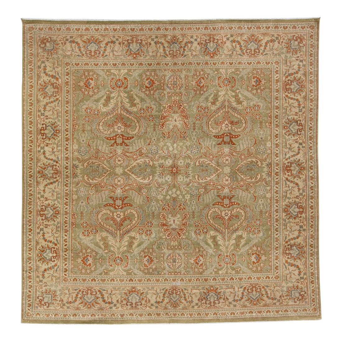 Antique Persian Mahal Handmade Wool Rug Green Floral 7' x 7'2: Antique Persian Mahal Handmade Wool Rug Green Floral 7' x 7'2 This exquisite Antique Mahal rug showcases a beautifully hand-knotted wool construction featuring a vibrant green color field. The design 