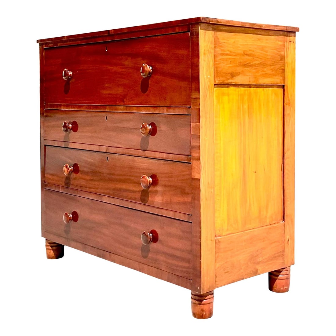Vintage Flame Mahogany Chest of Drawers from Palm Beach Estate: Vintage Flame Mahogany Chest of Drawers from Palm Beach Estate This stunning vintage flame mahogany chest of drawers is a remarkable piece, showcasing a monumental and solid hardwood construction. Its
