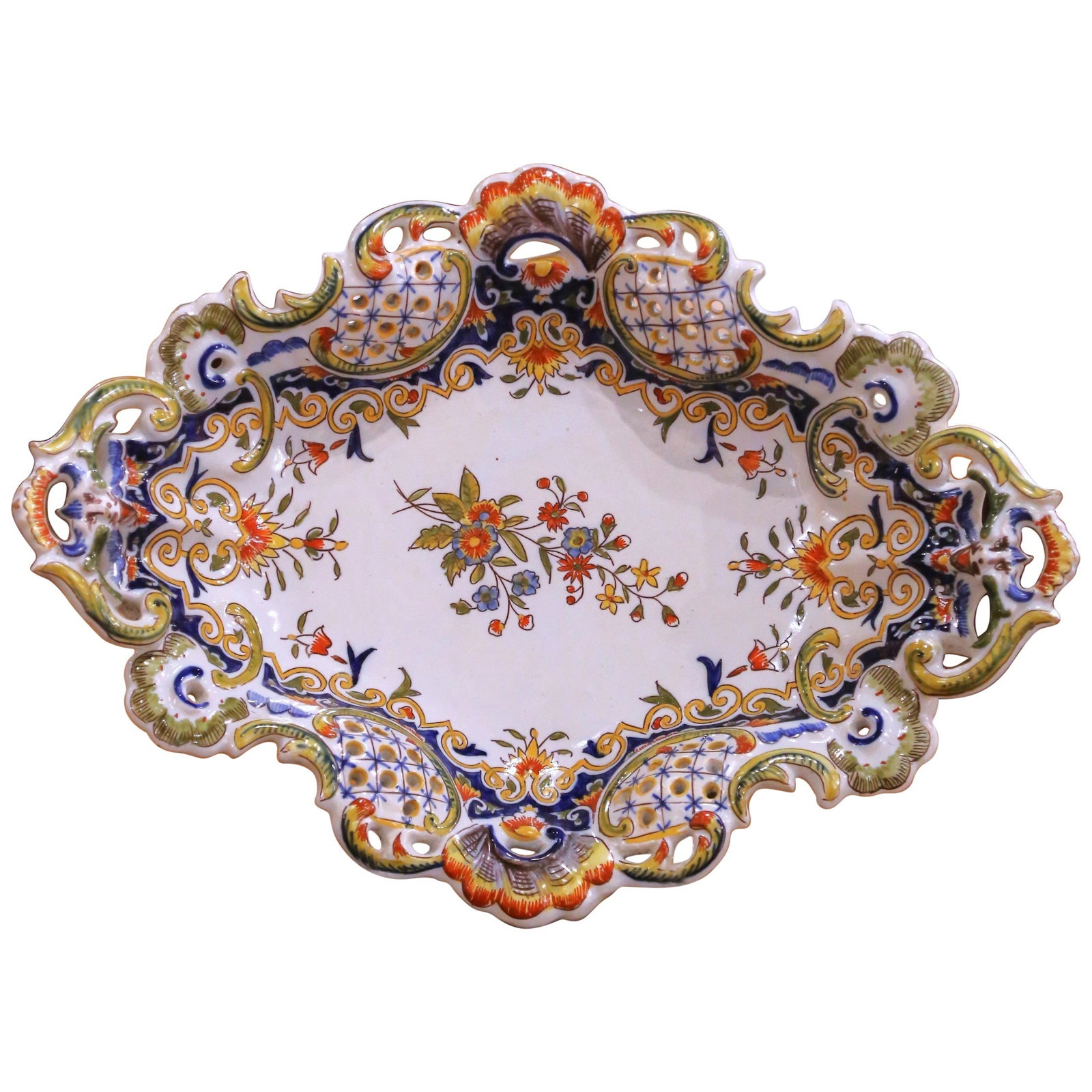 French Avallon Faience Hand-Painted Pierced Tray in Rouen Decorative Motif circa 1880 (1 of 11)