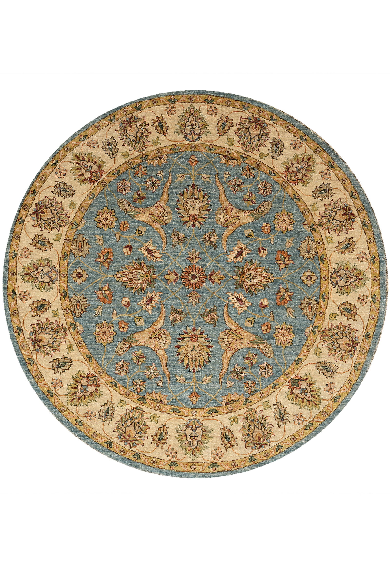 6 x 6 Round Sky Blue Ivory Agra Hand Knotted Wool Rug: 6 x 6 Round Sky Blue Ivory Agra Hand Knotted Wool Rug Free continental US Shipping This handmade round Agra quality rug is crafted in India with a hand-knotted weave and a natural wool pile. It featur