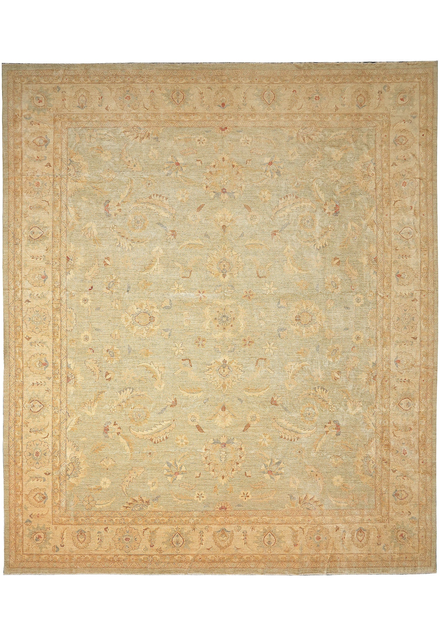 17 x 19.9 Natural Wool Light Green Gold Hand Knotted Mansion Rug: 17 x 19.9 Natural Wool Light Green Gold Hand Knotted Mansion Rug Free continental US Shipping This mansion rug is hand-knotted from premium natural wool, offering a soft and dense pile for comfort and