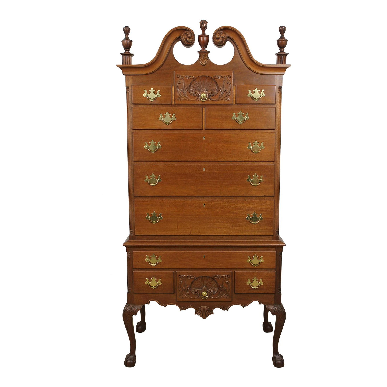 Benchmade Chippendale Mahogany Highboy Chest with Brass Hardware: Benchmade Chippendale Mahogany Highboy Chest with Brass Hardware This exquisite Chippendale Ball & Claw Highboy is a testament to fine craftsmanship, approximately 50 years old. Constructed from solid