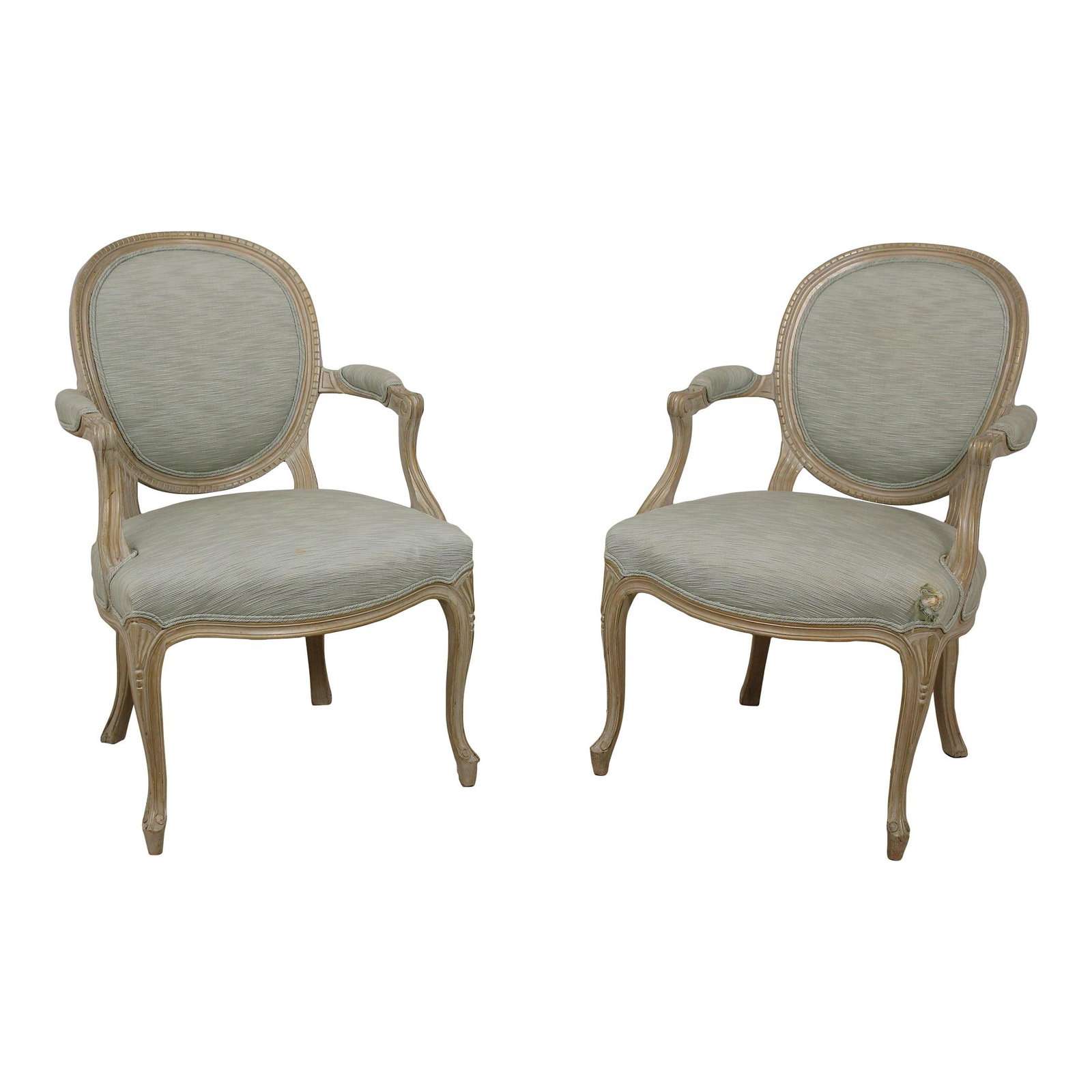 Elegant Pair of French Louis XV Style Armchairs with Gold Wash Finish: Elegant Pair of French Louis XV Style Armchairs with Gold Wash Finish This pair of French painted finish medallion back armchairs showcases high-quality construction in the elegant Louis XV style. Wit