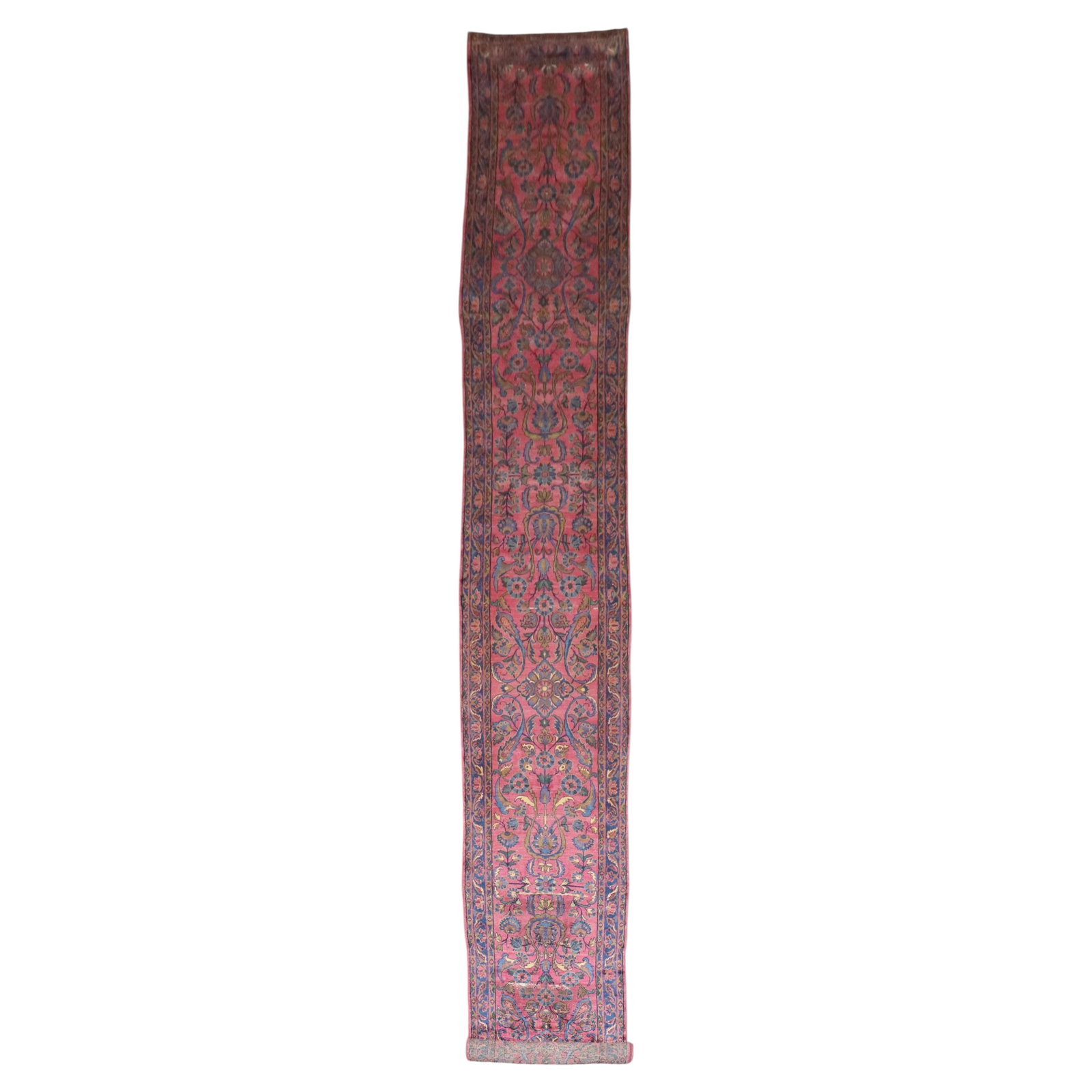 Early 20th Century Wool Hand Knotted Indo Kashan Runner 2'9 x 21'3: Early 20th Century Wool Hand Knotted Indo Kashan Runner 2'9 x 21'3 This early 20th-century Indo Kashan runner features a hand-knotted wool construction and showcases rich plum, green, and magenta tone