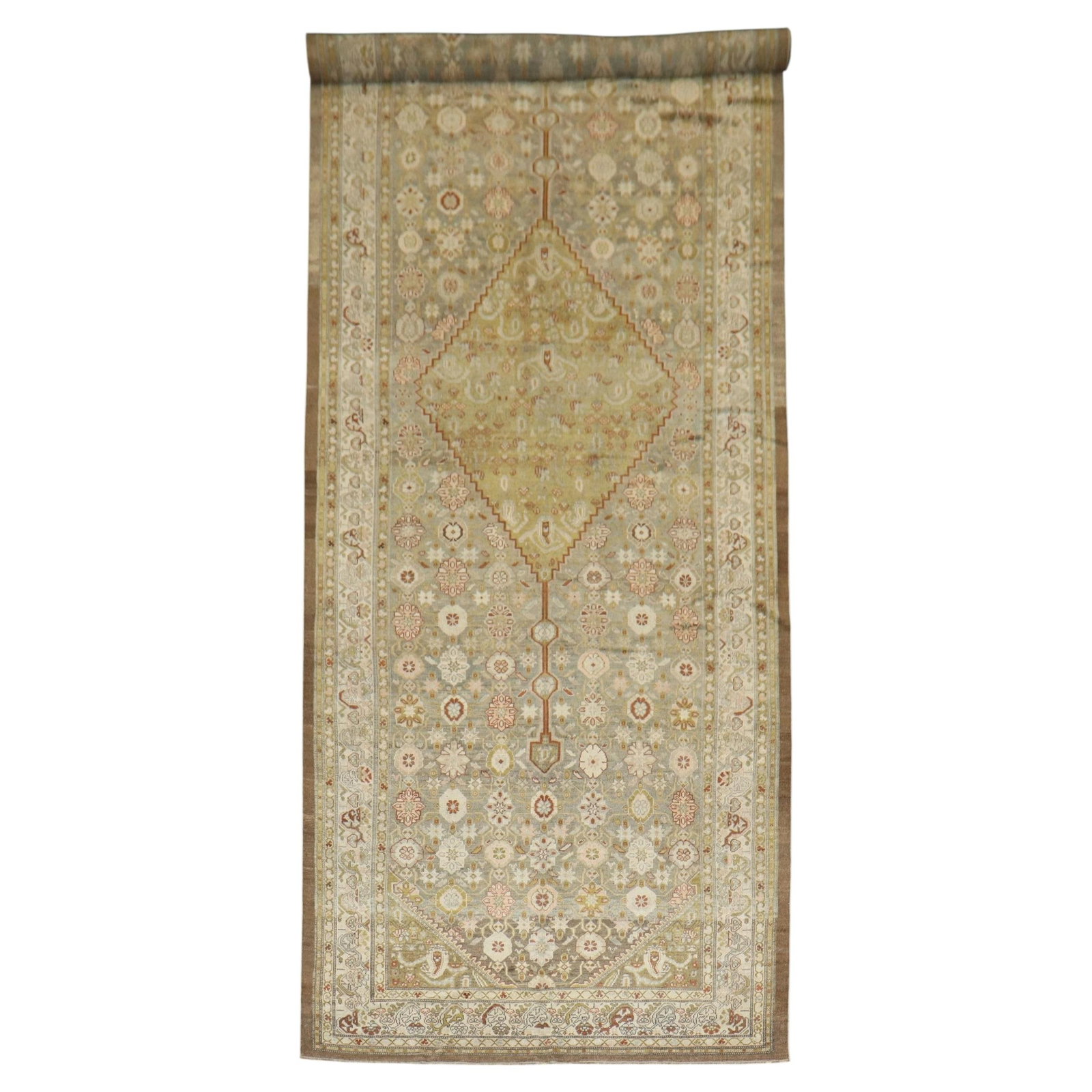Antique Bakshaish Wool Serab Corridor Rug 5' 11 x 16: Antique Bakshaish Wool Serab Corridor Rug 5' 11 x 16 This antique Serab corridor rug from the early 20th century features a soft green and camel color palette in the Bakshaish style. Hand-knotted from