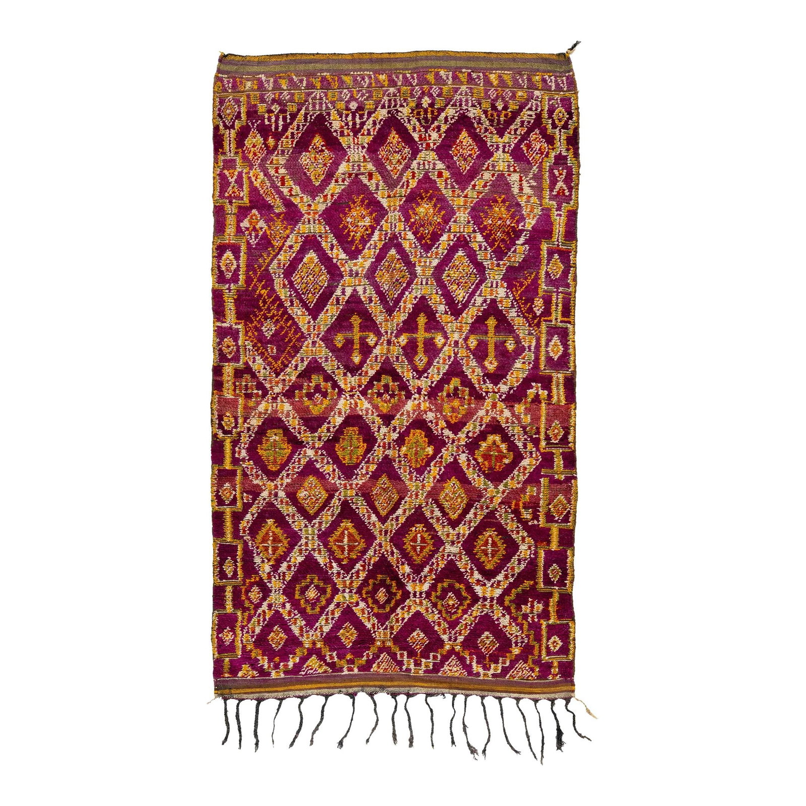 Vintage 1960s Moroccan Wool Rug Purple Tribal Diamond Design: Vintage 1960s Moroccan Wool Rug Purple Tribal Diamond Design This stunning vintage Moroccan wool rug from the 1960s features a vibrant purple field beautifully embellished with a repeating diamond des