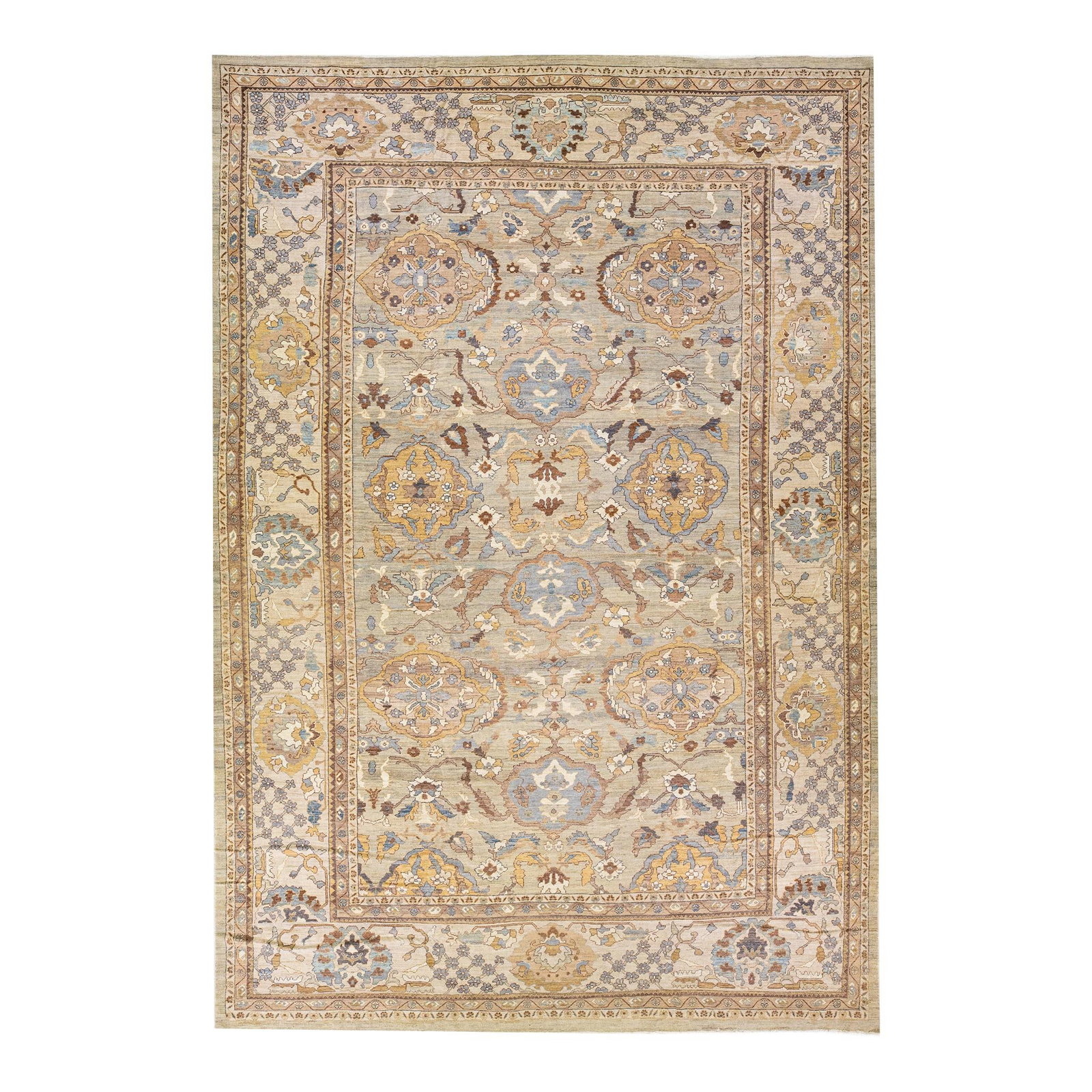 Oversize Floral Wool Rug Beige Gray Handmade Sultanabad 13'3 x 19'4: Oversize Floral Wool Rug Beige Gray Handmade Sultanabad 13'3 x 19'4 Enhance your space with this stunning modern Sultanabad handmade wool rug. Featuring a beige and gray field, it showcases a beautifu