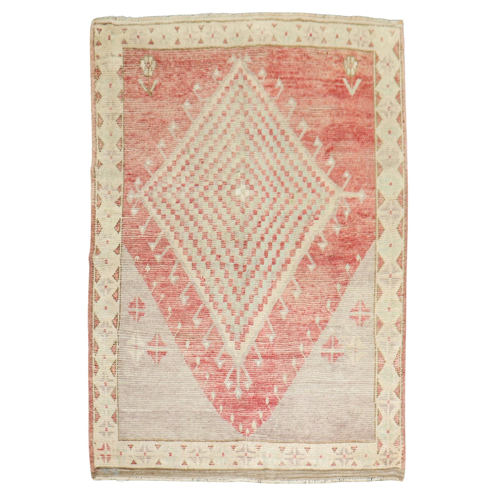 Oushak Wool Rug 4'3 x 5'9 Vintage Turkish Geometric Pattern 20th Century: Oushak Wool Rug 4'3 x 5'9 Vintage Turkish Geometric Pattern 20th Century This vintage Turkish Oushak rug features a geometric design, crafted from wool and originating from Anatolia, Turkey. Made circ