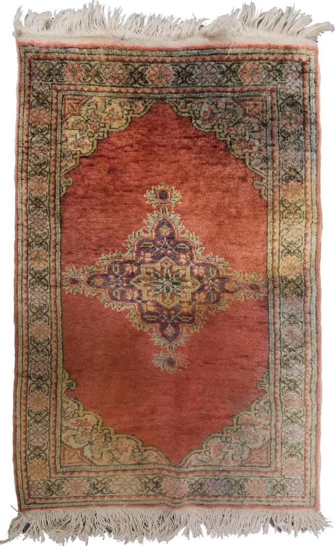 Vintage Turkish Cotton Tapestry Rug 2x3 Floral Handmade: Vintage Turkish Cotton Tapestry Rug 2x3 Floral Handmade This rare vintage handmade Turkish tapestry rug features a fine floral pattern in soft red tones. Crafted in the 1960s, it is made from 100% cot