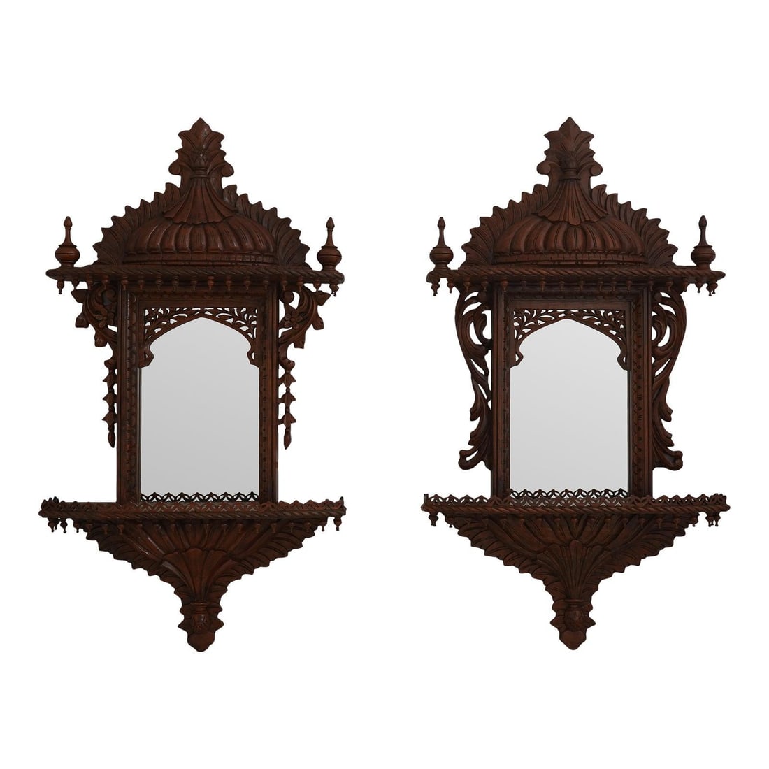 Ornate Pair of Mahogany Pagoda Wall Shelves with Mirror Back: Ornate Pair of Mahogany Pagoda Wall Shelves with Mirror Back Enhance your decor with this exquisite pair of Pagoda Carved Mahogany Mirror Back Wall Shelves, featuring intricate handcrafted carvings th