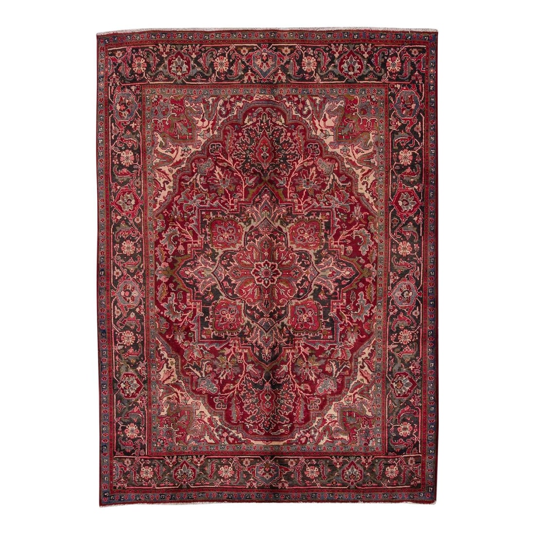 Vintage Persian Heriz Hand-Knotted Wool Rug Ruby Red Floral Design 7' x 8'10'': Vintage Persian Heriz Hand-Knotted Wool Rug Ruby Red Floral Design 7' x 8'10'' Enhance your space with this exquisite vintage Persian Heriz handmade wool rug featuring a stunning ruby-red field. The i