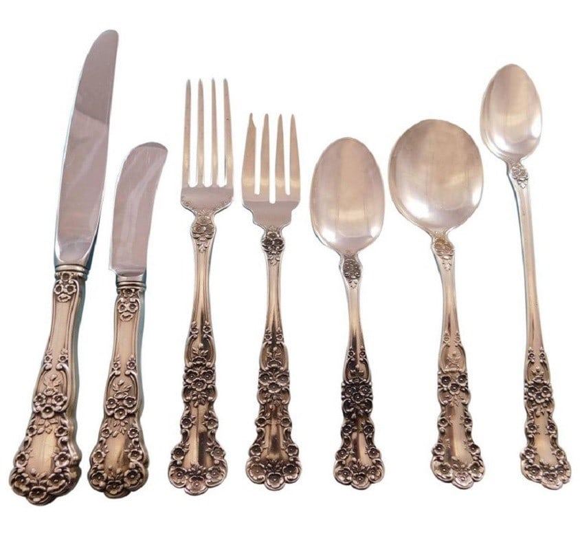 Gorham Buttercup Sterling Silver Flatware Set for 8 59 pcs with Storage Chest: Gorham Buttercup Sterling Silver Flatware Set for 8 59 pcs with Storage Chest Enhance your dining experience with the exquisite Buttercup flatware set by Gorham, crafted in sterling silver. This stunn