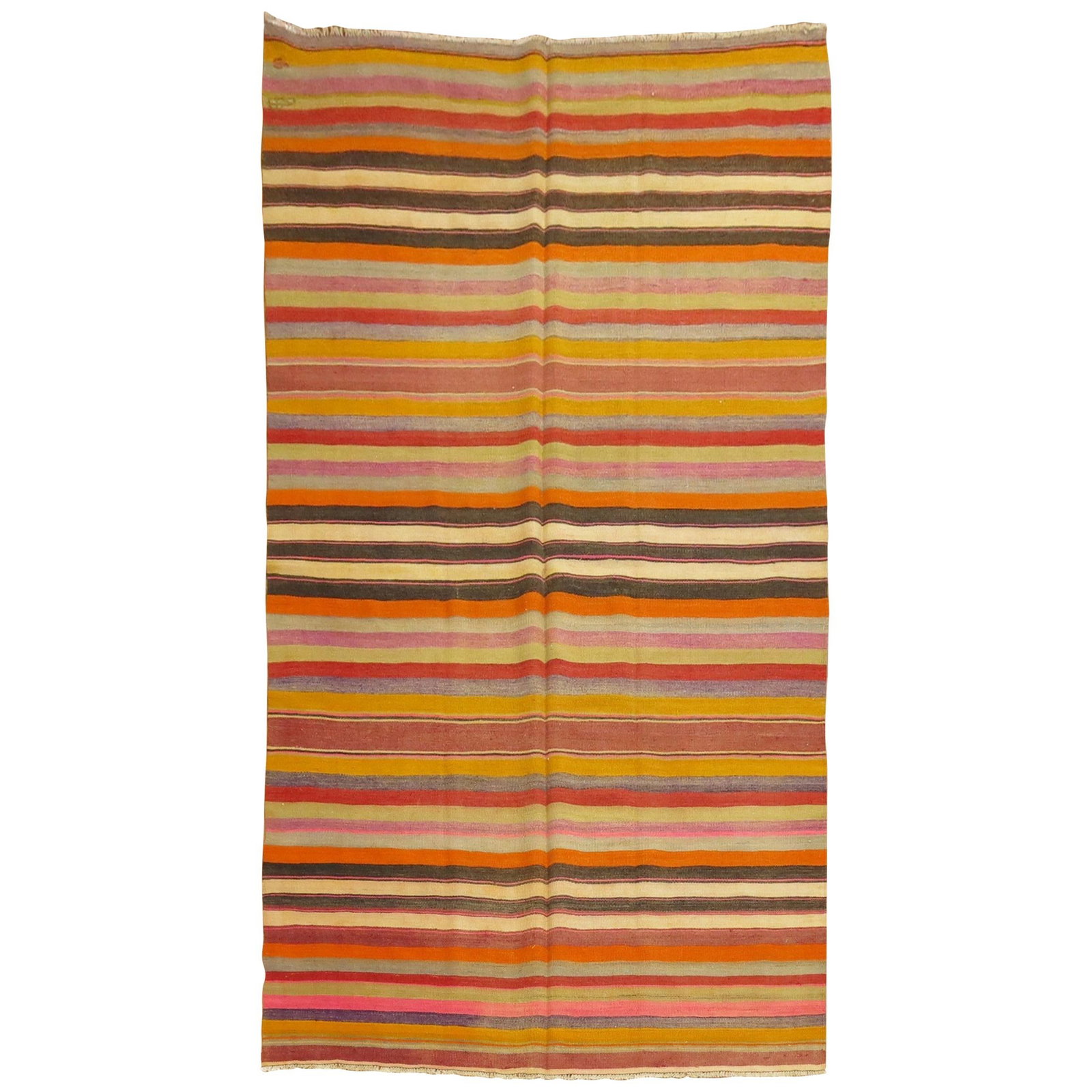 Mid Century Turkish Wool Hand Woven Striped Kilim Rug: Mid Century Turkish Wool Hand Woven Striped Kilim Rug This mid-20th century Turkish Kilim features a vibrant striped design in a variety of bright colors. Expertly hand-woven from wool, it showcases a