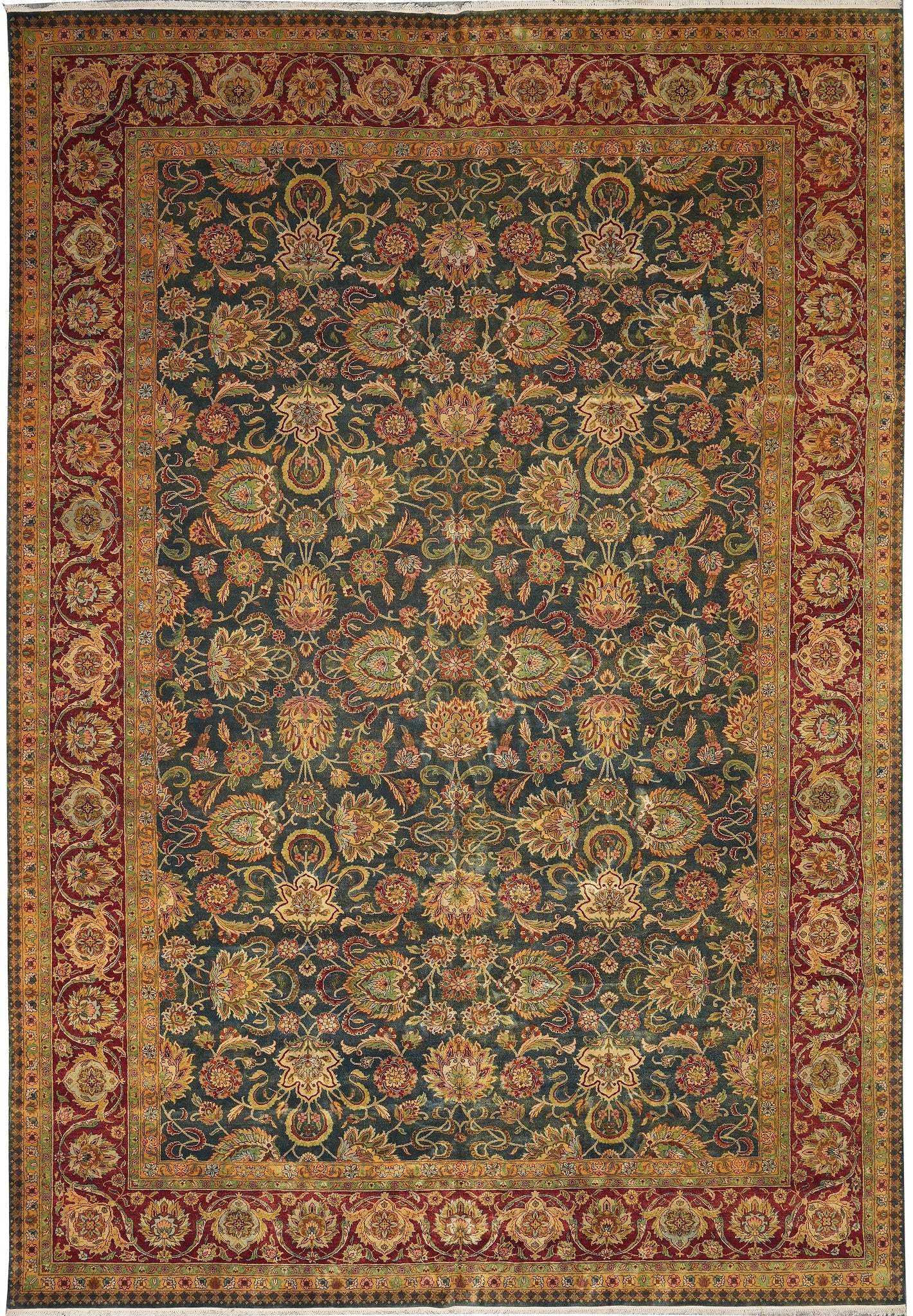 12 x 17.8 Jaipur Hand Knotted Wool Rug Blue Green Gold Antique Reproduction: 12 x 17.8 Jaipur Hand Knotted Wool Rug Blue Green Gold Antique Reproduction Free continental US Shipping This grand Jaipur rug features an antique reproduction design with intricate patterns in a blue