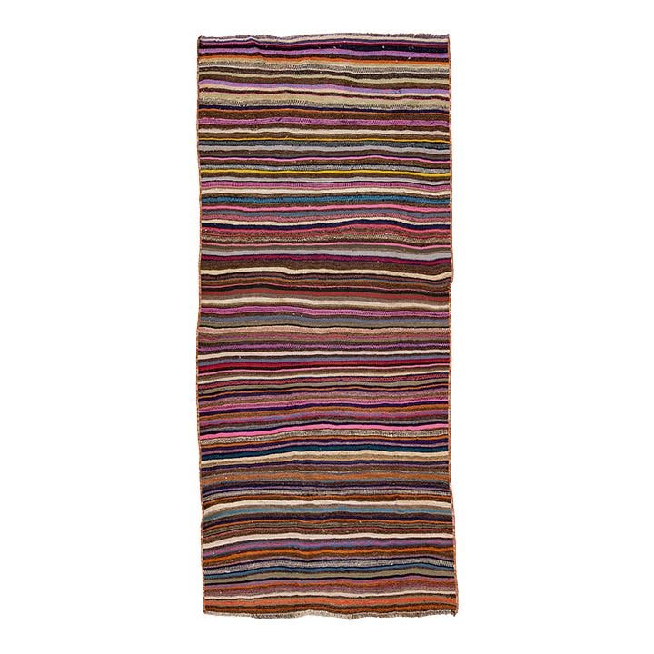 Vintage Kilim Handmade Wool Runner Multicolor Stripes 4'6 x 10'5: Vintage Kilim Handmade Wool Runner Multicolor Stripes 4'6 x 10'5 Enhance your space with this Vintage Kilim Handmade Flatweave Multicolor Striped Wool Runner. Crafted from high-quality wool, this rug 