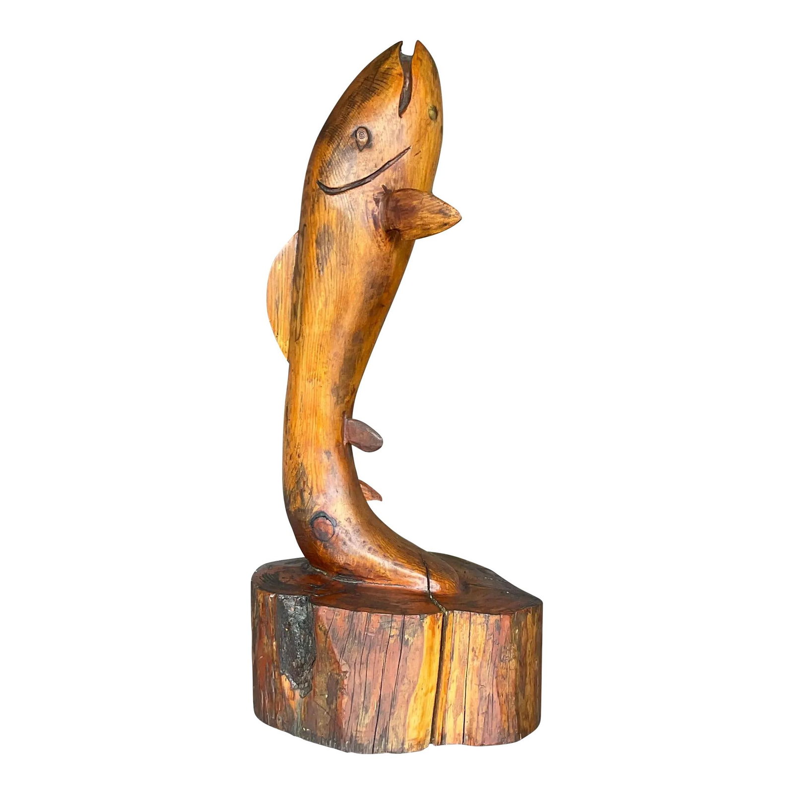 Hand Carved Vintage Wooden Fish Sculpture Rustic Americana: Hand Carved Vintage Wooden Fish Sculpture Rustic Americana Embrace rustic charm with this Vintage Primitive Hand Carved Wooden Fish Sculpture. This piece reflects meticulous craftsmanship and nostalgi