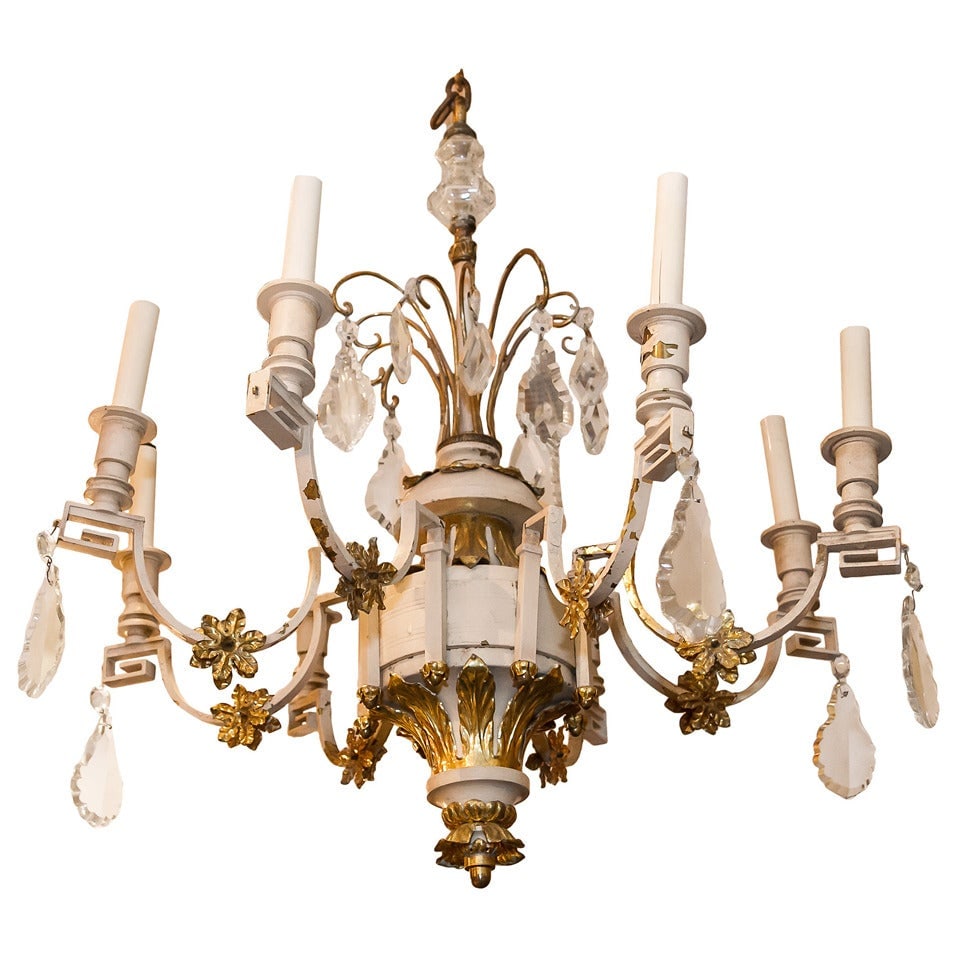 French Provincial 8-Light Chandelier White Painted Gilt Bronze: French Provincial 8-Light Chandelier White Painted Gilt Bronze A rustic mid-century 8-light chandelier in white painted and gilt metal, presented in the French Provincial style. It is hardwired and su