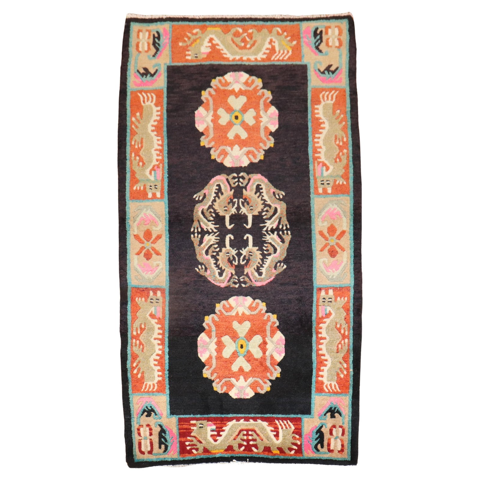 Vibrant Hand-Woven Tibetan Rug 37 x 67 in Late 20th Century: Vibrant Hand-Woven Tibetan Rug 37 x 67 in Late 20th Century Experience the vibrant charm of this Colorful Vintage Tibetan Rug, hand-woven from high-quality wool. This unique piece showcases intricate 