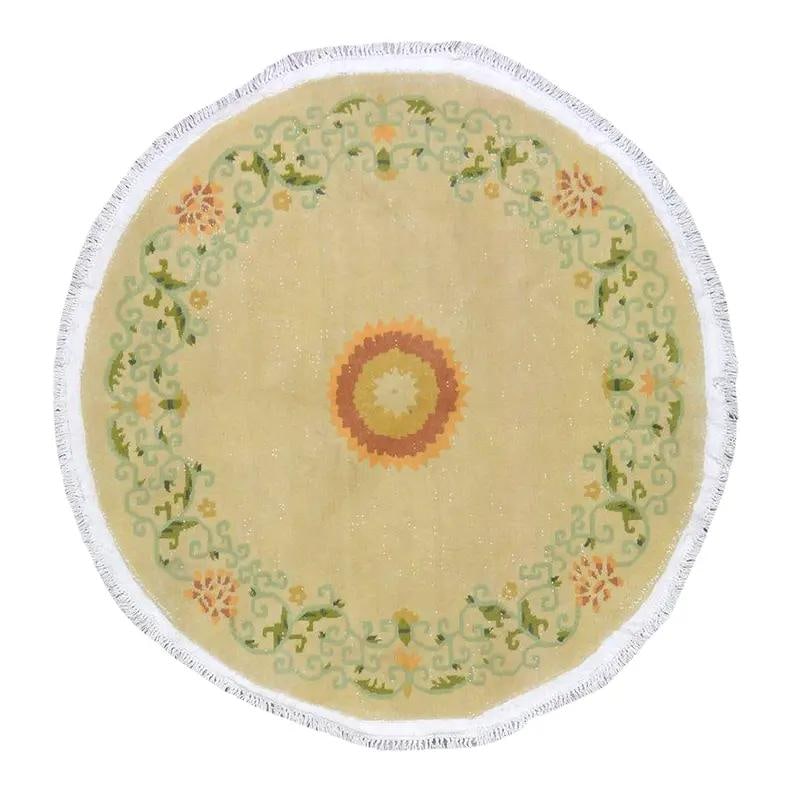 Chinese Art Deco Wool Area Rug Hand Knotted Vintage Gold 60x60 Inch: Chinese Art Deco Wool Area Rug Hand Knotted Vintage Gold 60x60 Inch This vintage Chinese Art Deco rug is hand-knotted from quality wool using traditional techniques, offering a durable and richly text