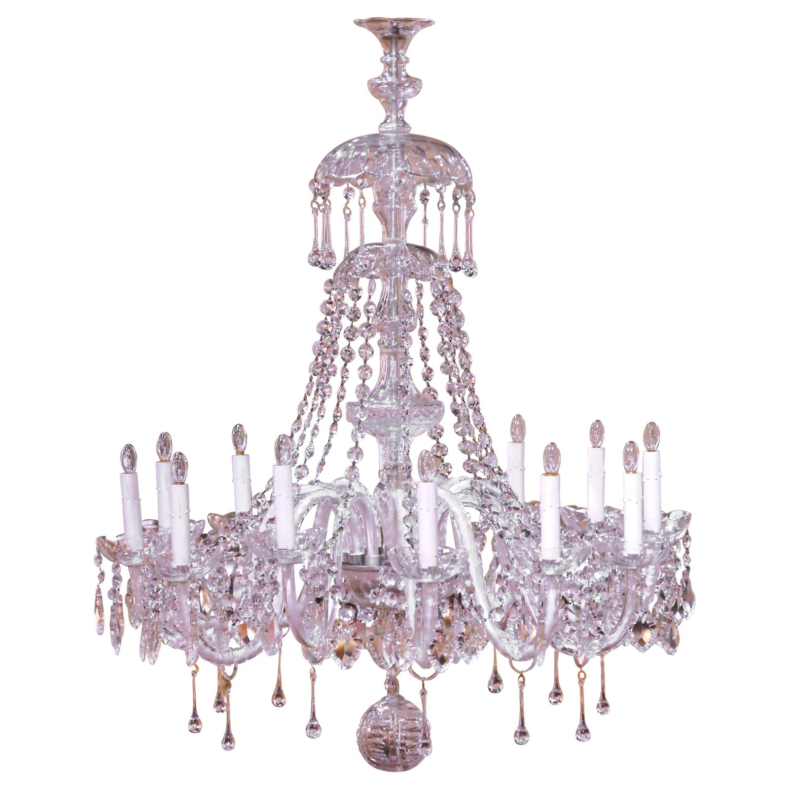 Italian Midcentury Crystal Chandelier with Twelve Lights and Cut Glass Pendants: Italian Midcentury Crystal Chandelier with Twelve Lights and Cut Glass Pendants This mid-century Italian chandelier showcases a refined Venetian design, expertly hand-crafted from crystal and glass. F