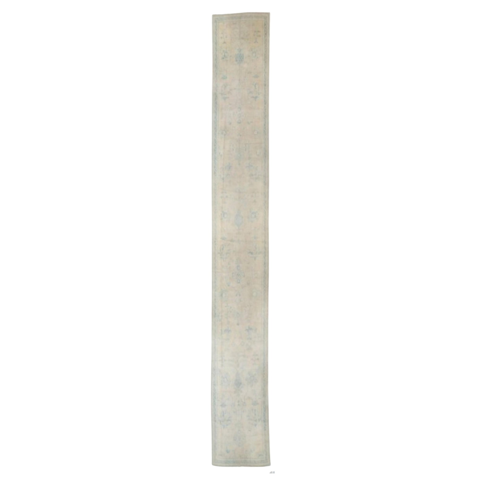 1920s Antique Turkish Oushak Runner Hand-Knotted Wool 44 x 258 in: 1920s Antique Turkish Oushak Runner Hand-Knotted Wool 44 x 258 in This exquisite Long Antique Turkish Oushak Runner features a soft creamy beige field adorned with elegant accents in soft blue and gre