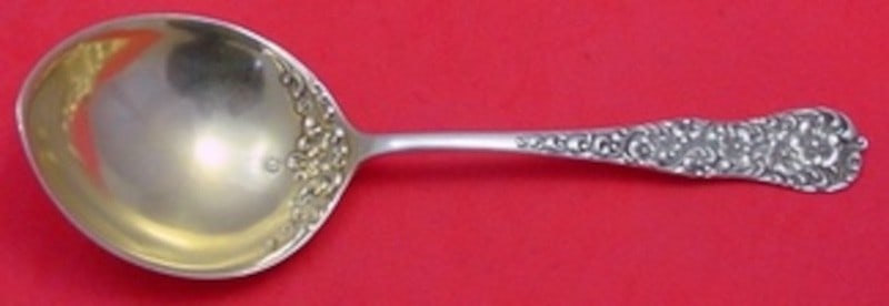 Dominick Haff Rococo Sterling Silver Gold Washed Berry Spoon 8 3 4: Dominick Haff Rococo Sterling Silver Gold Washed Berry Spoon 8 3 4 This is a Rococo pattern sterling silver berry spoon by Dominick & Haff, crafted in the United States between 1850 and 1899. The spoo