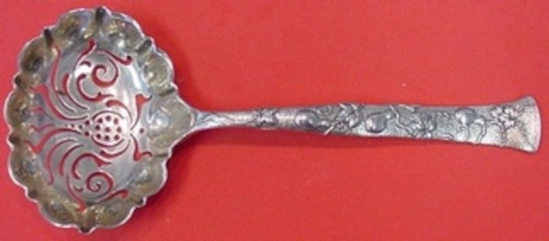 Tiffany Co Vine Sterling Silver Sugar Sifter Gold Washed Gourd Motif 6 3/8": Tiffany Co Vine Sterling Silver Sugar Sifter Gold Washed Gourd Motif 6 3/8" Sterling silver sugar sifter in the Vine pattern by Tiffany & Co., featuring a gourd motif and grapevine motif. It is gold