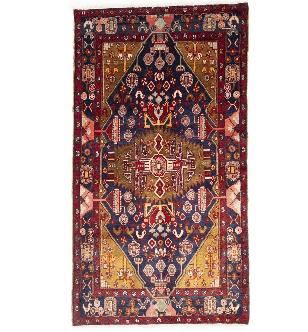 Hand-Knotted Wool Tribal Area Rug 4'4 x 7'11 Purple and Navy Vintage Floral: Hand-Knotted Wool Tribal Area Rug 4'4 x 7'11 Purple and Navy Vintage Floral This vintage hand-knotted Oriental area rug features a striking tribal design in purple, navy, golden beige, red, light