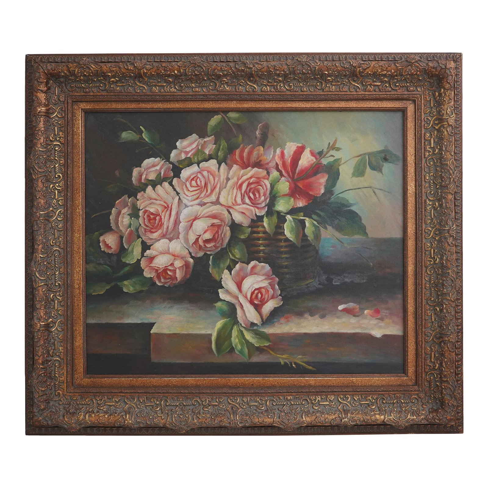 Ornate Gold Framed Oil Painting of Vibrant Roses 32.5x28: Ornate Gold Framed Oil Painting of Vibrant Roses 32.5x28 This exquisite framed oil painting showcases a beautiful still life of roses, rendered in vibrant colors that bring life to any room. The artwo
