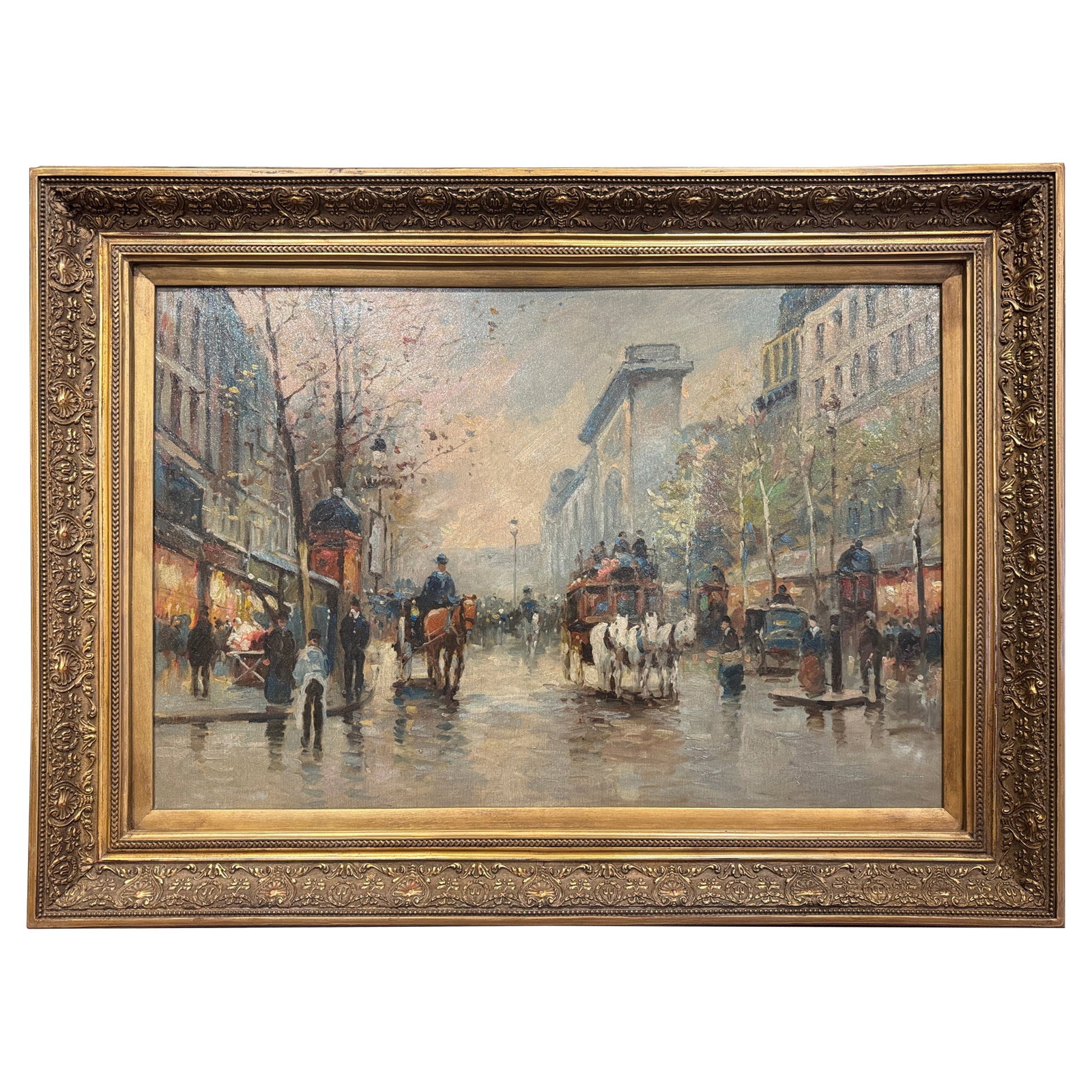 Large French Oil Painting of Paris Street Scene in Ornate Gilt Frame: Large French Oil Painting of Paris Street Scene in Ornate Gilt Frame This large mid-century oil on canvas painting depicts a vibrant Parisian street scene, capturing the lively atmosphere of Paris wit