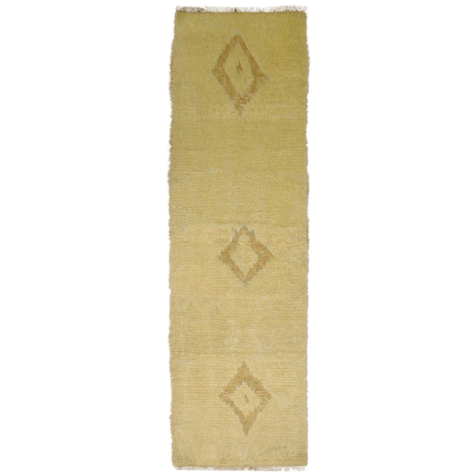 Mid Century Turkish Wool Shag Runner 34 x 116 in: Mid Century Turkish Wool Shag Runner 34 x 116 in This vintage Turkish shag runner features a hand-woven wool construction with a plush pile, showcasing yellow and soft brown tones. Originating from Tu