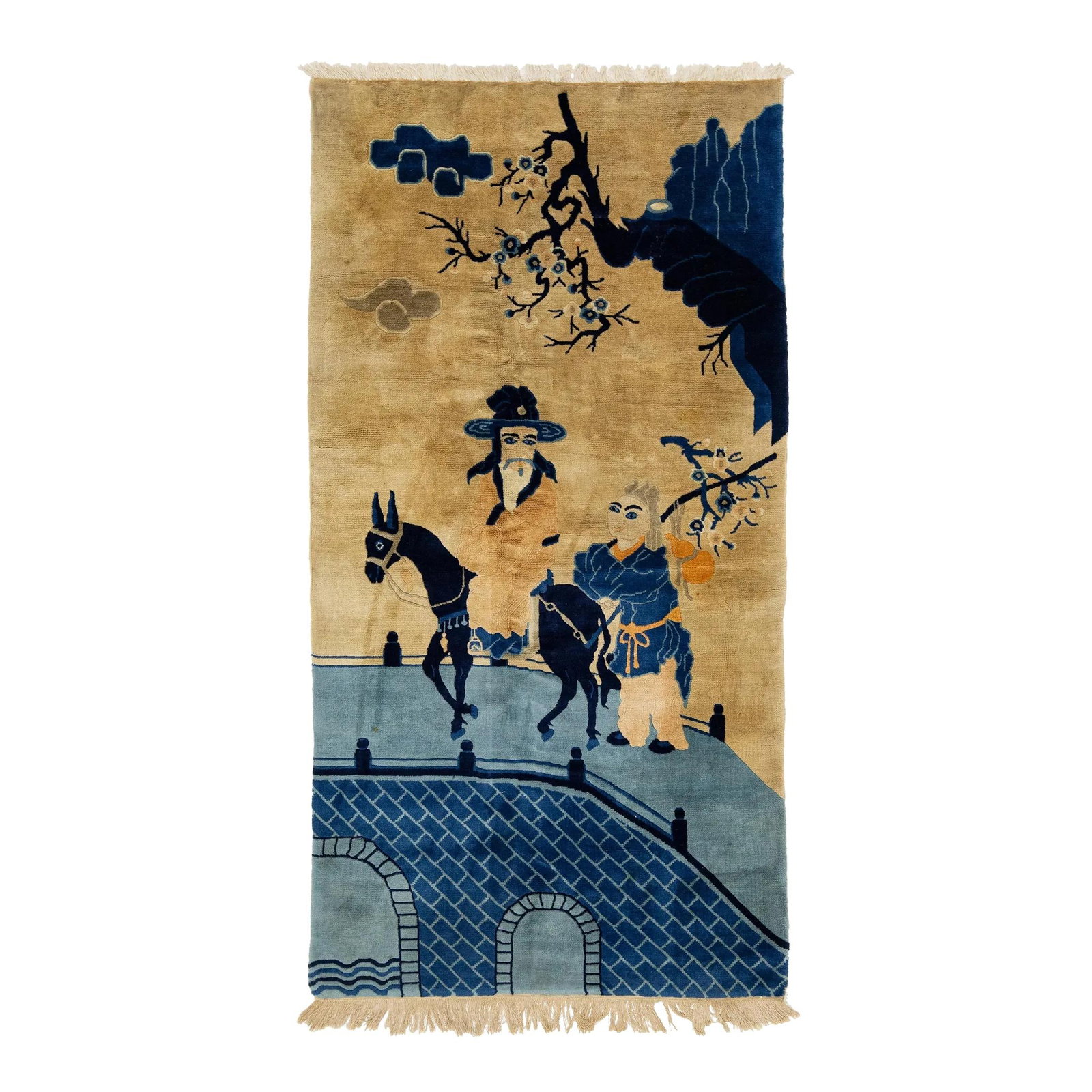 Antique Peking Handmade Wool Rug Tan Blue Pictorial Design 3'1 x 5'11: Antique Peking Handmade Wool Rug Tan Blue Pictorial Design 3'1 x 5'11 This exquisite antique Peking Chinese rug features a hand-knotted wool construction with a stunning tan and navy blue field, compl