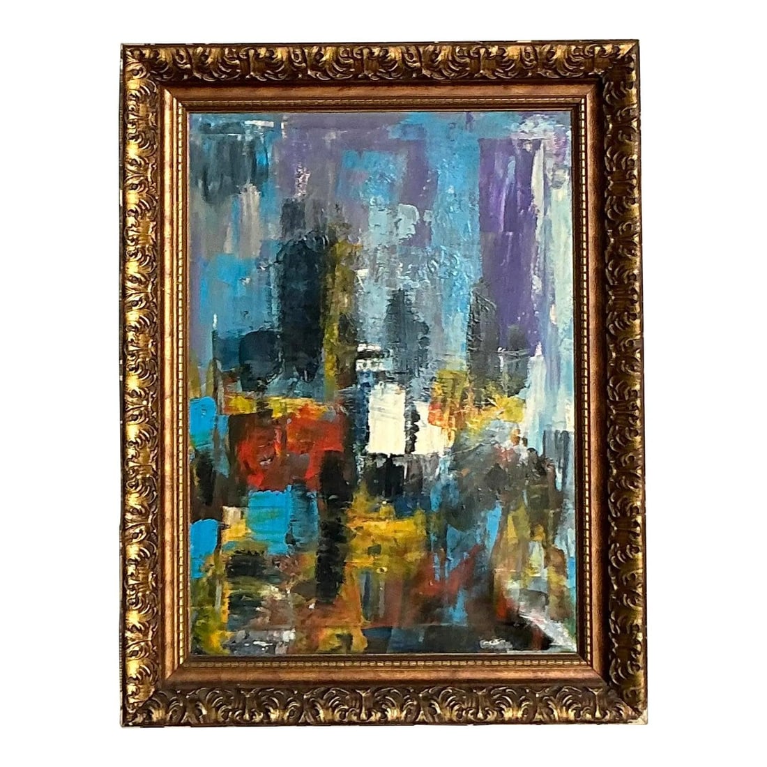 Framed Abstract Oil Painting Signed by Ramon in Ornate Giltwood Frame: Framed Abstract Oil Painting Signed by Ramon in Ornate Giltwood Frame This original abstract oil painting features a vibrant and energetic composition with bold brushstrokes and a rich palette of blue