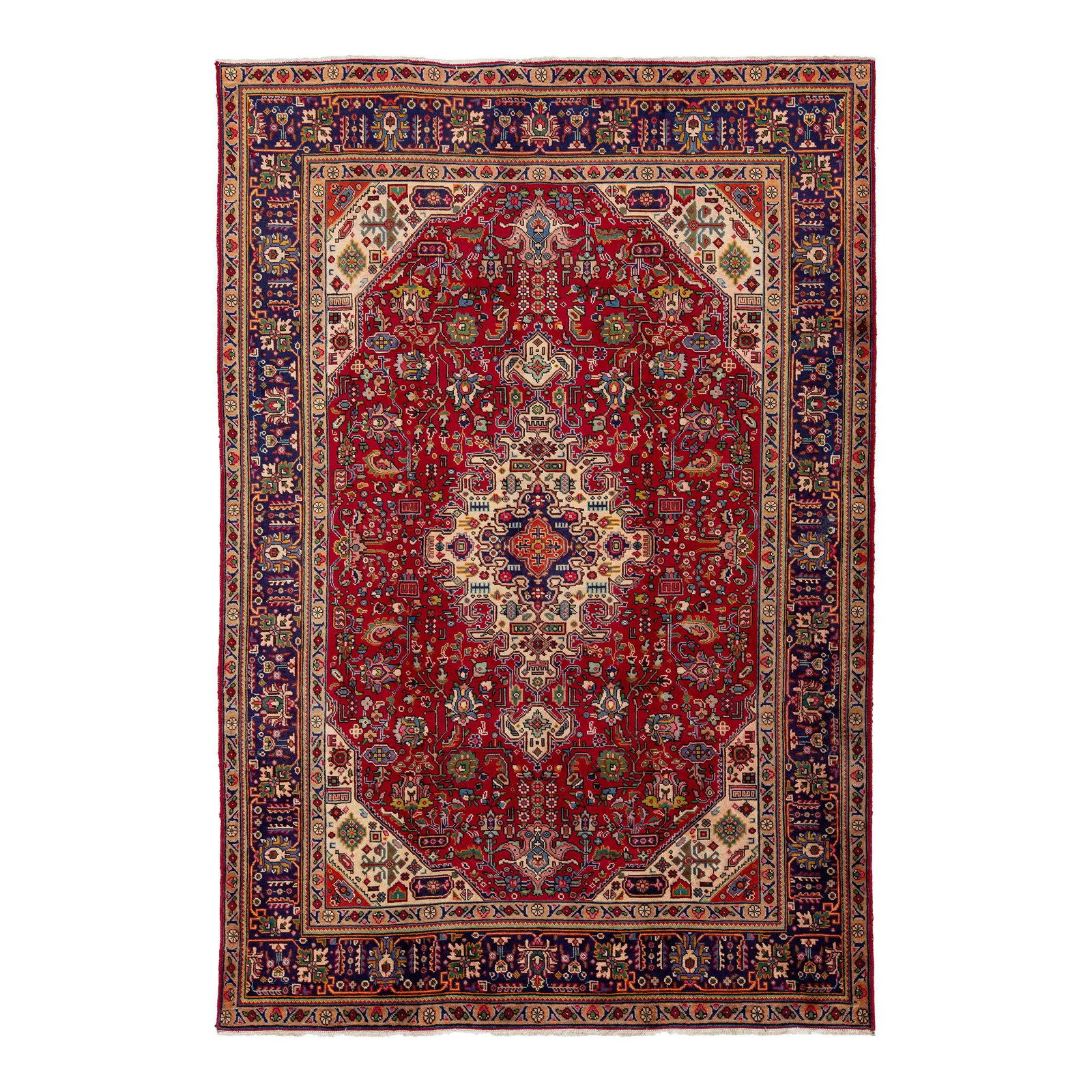 Vintage Persian Tabriz Wool Rug Red Floral Design 6'7 x 9'8: Vintage Persian Tabriz Wool Rug Red Floral Design 6'7 x 9'8 This exquisite Persian Tabriz hand-knotted wool rug features a striking red field adorned with a vibrant allover floral design in multicolor