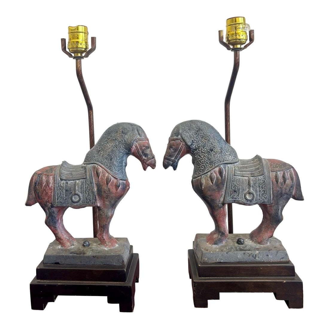 Vintage Boho Horse Lamp Pair with Ornate Saddlery: Vintage Boho Horse Lamp Pair with Ornate Saddlery This exquisite pair of sculptural horse lamps embodies the elegance of ancient dynastic art, featuring a regal presence that enhances any interior. Ea
