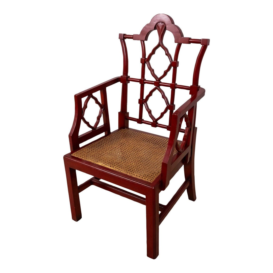Vintage Chinese Chippendale Red Cane Seat Armchair: Vintage Chinese Chippendale Red Cane Seat Armchair This stunning Chinese Chippendale armchair features a vibrant red finish and a classic cane seat design, showcasing craftsmanship that reflects its 2