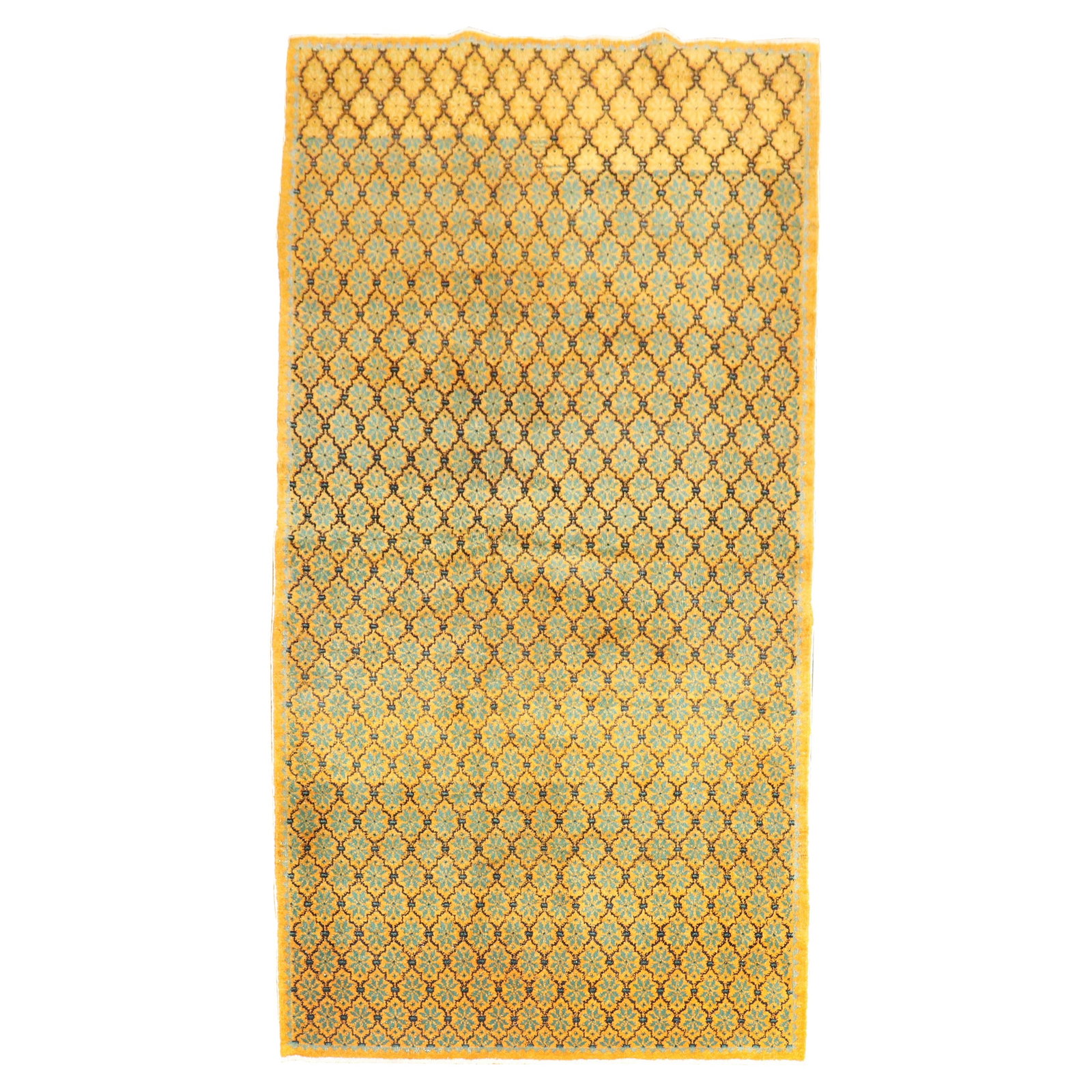 Adirondack Turkish Wool Rug in Saffron Yellow Floral Circa 1950 4'3" x 7'5": Adirondack Turkish Wool Rug in Saffron Yellow Floral Circa 1950 4'3" x 7'5" This mid-20th century Turkish rug features a saffron yellow field adorned with a repetitive floral motif in green and brown.