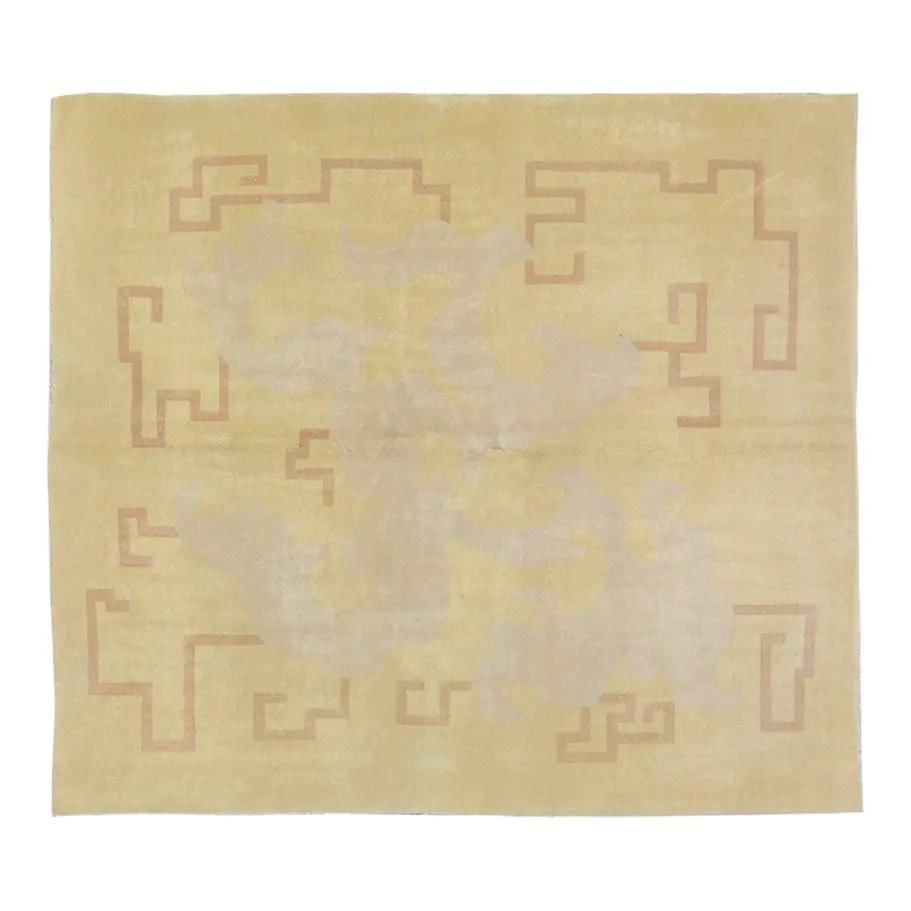 Hand-Knotted Wool Chinese Art Deco Rug 6x6'9 Yellow: Hand-Knotted Wool Chinese Art Deco Rug 6x6'9 Yellow This vintage Chinese Art Deco rug is hand-knotted from wool using traditional techniques, blending classic craftsmanship with a modern design sensib